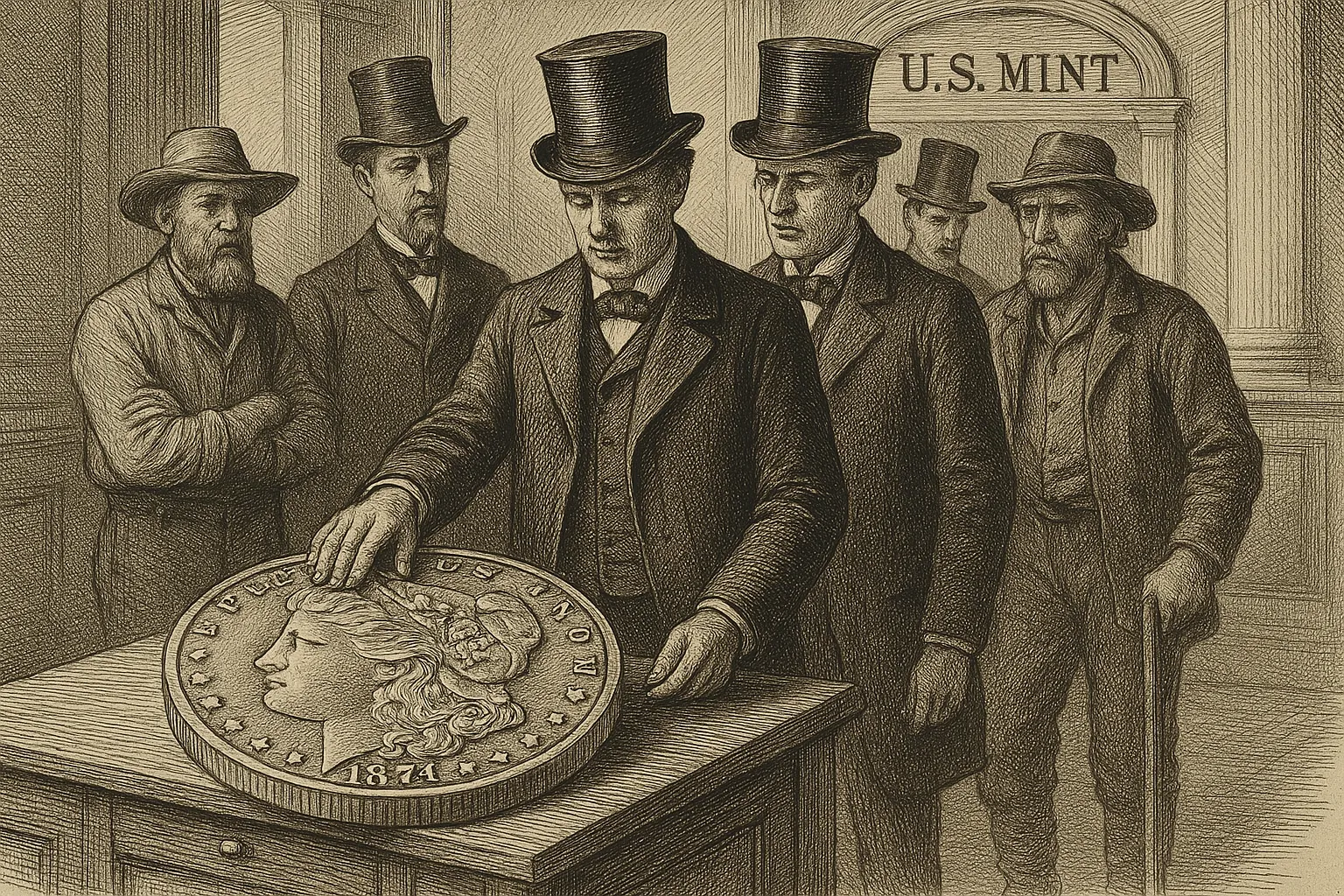 An 1870s wood-engraving: top-hatted officials setting a silver dollar aside at the U.S. Mint while a farmer and a silver miner look on.